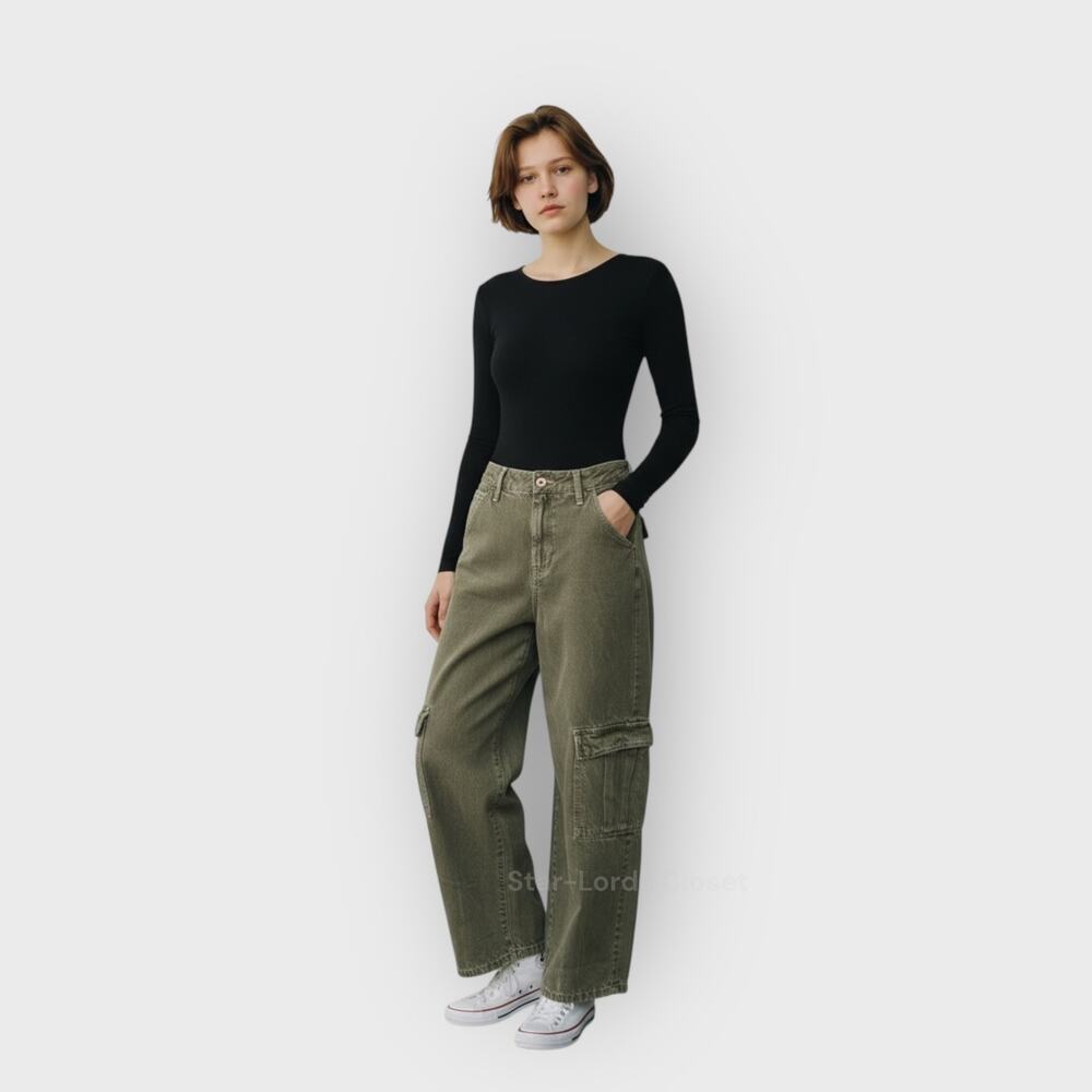 Zara Olive Green 0 Cargo Pants High Rise Wide Leg Y2K Baggy Avante Garde Street - Picture 2 of 8